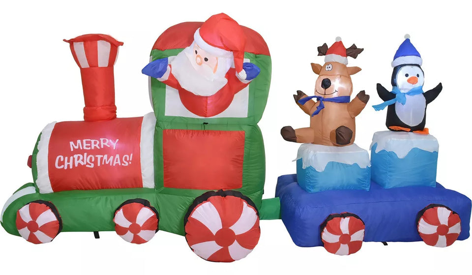 Inflable Navideño Papa Noel en Tren con Luces LED – 2.2 Metros de Magia y Alegría