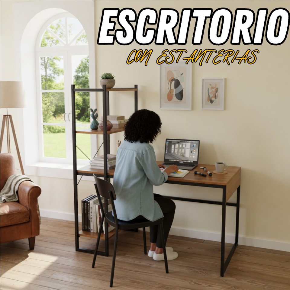🖥️ Escritorio con Estanterías de Madera
